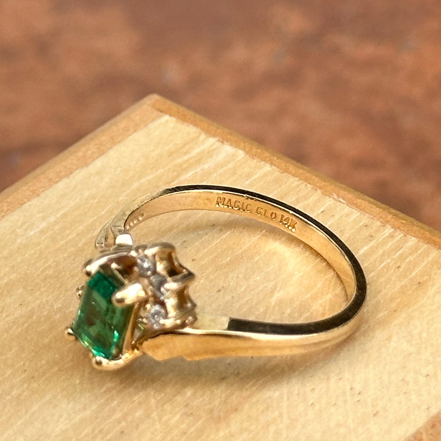 Estate 10KT Yellow Gold Lab Emerald  + Diamond Accent Ring