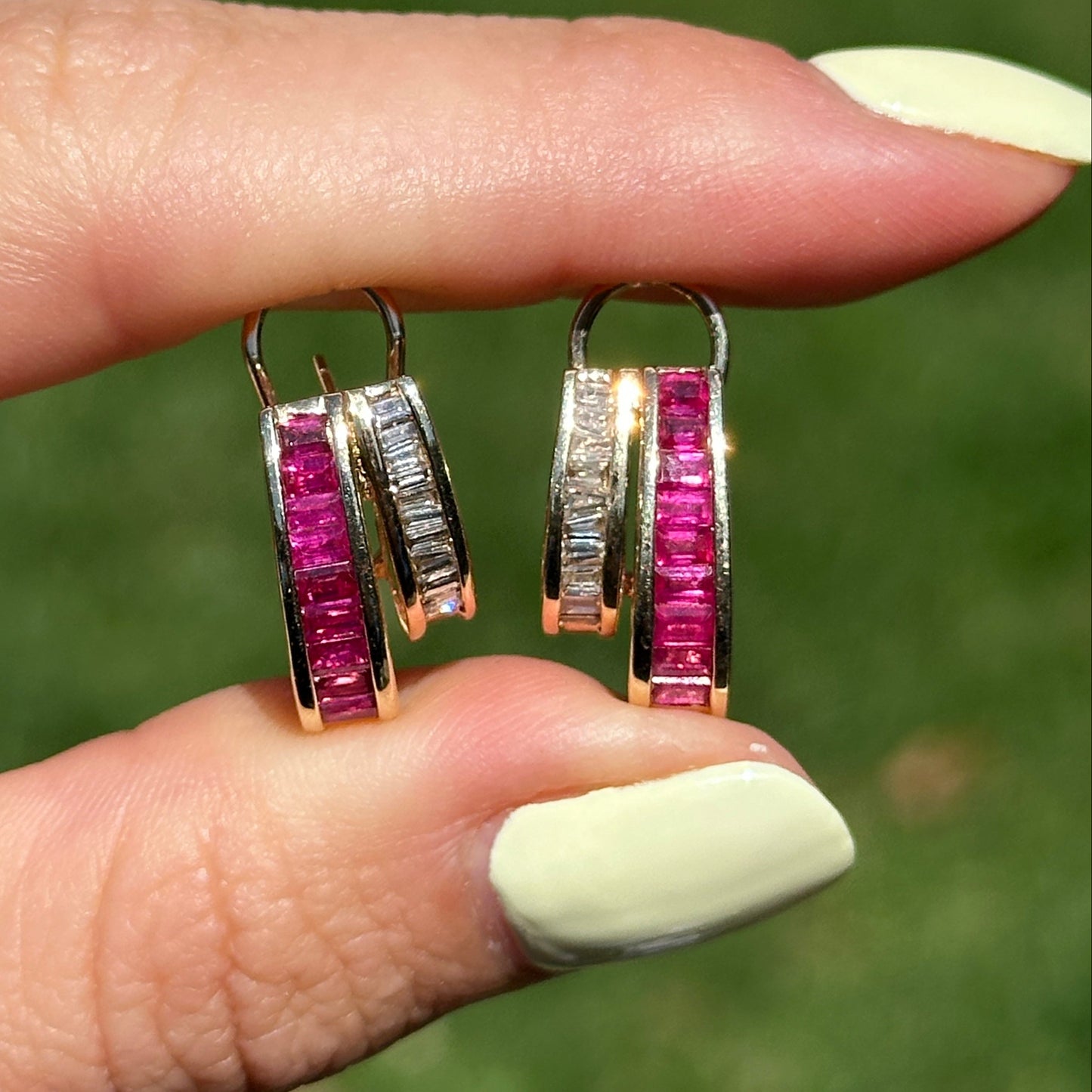 Estate 14KT Yellow Gold Baguette Ruby + Diamond Channel-Set J Hoop Earrings