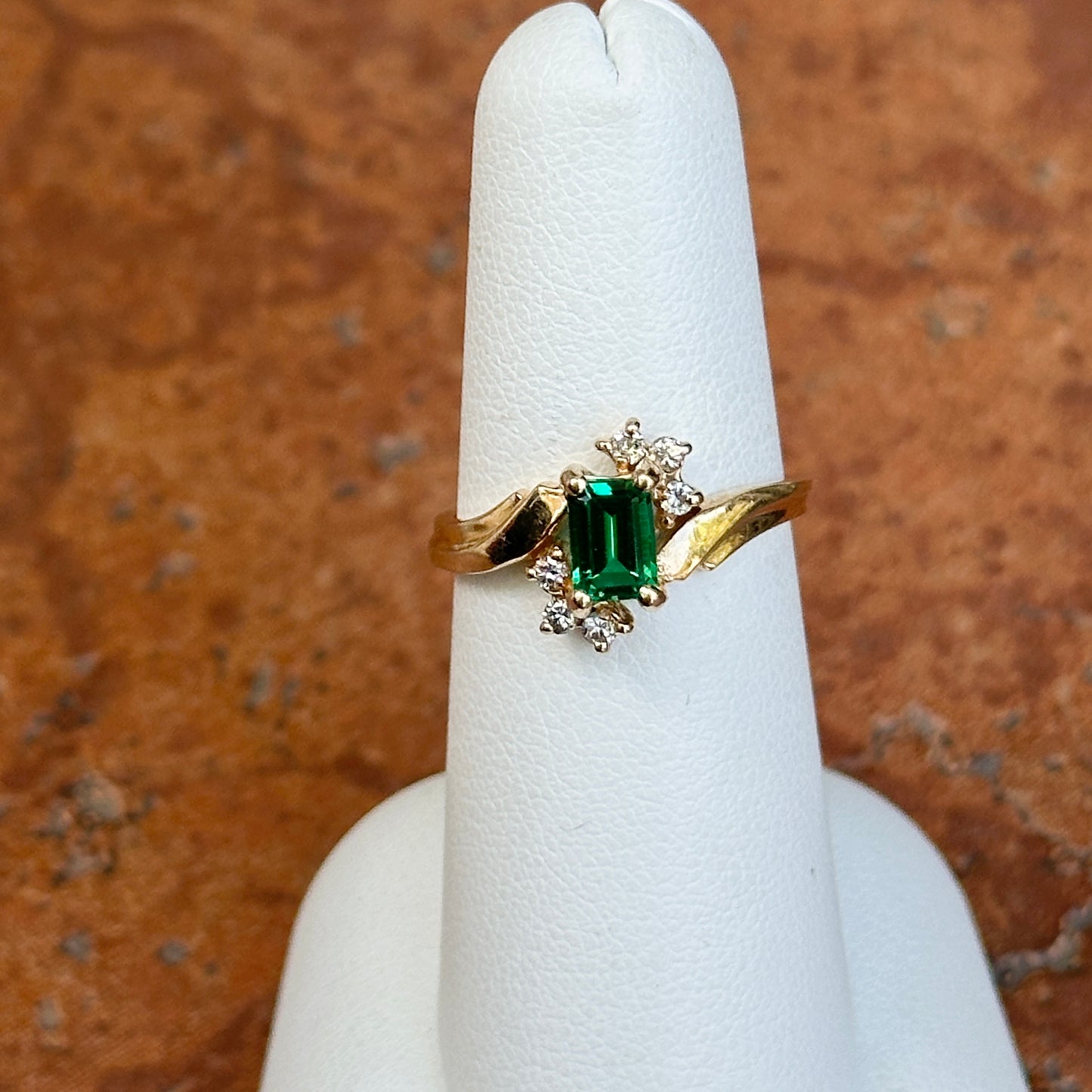 Estate 10KT Yellow Gold Lab Emerald  + Diamond Accent Ring