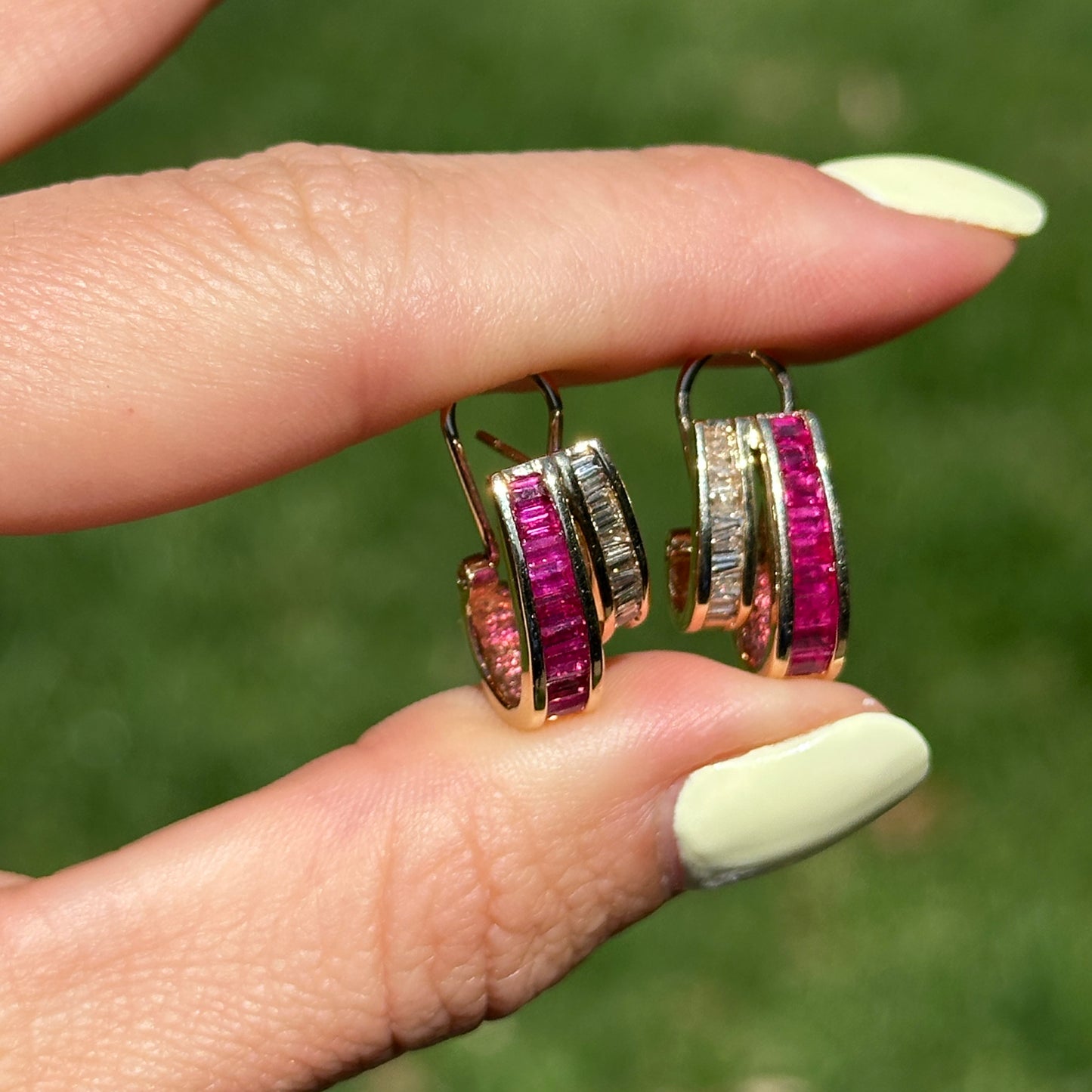 Estate 14KT Yellow Gold Baguette Ruby + Diamond Channel-Set J Hoop Earrings