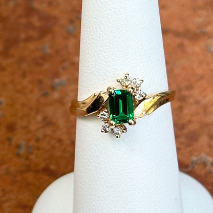 Estate 10KT Yellow Gold Lab Emerald  + Diamond Accent Ring