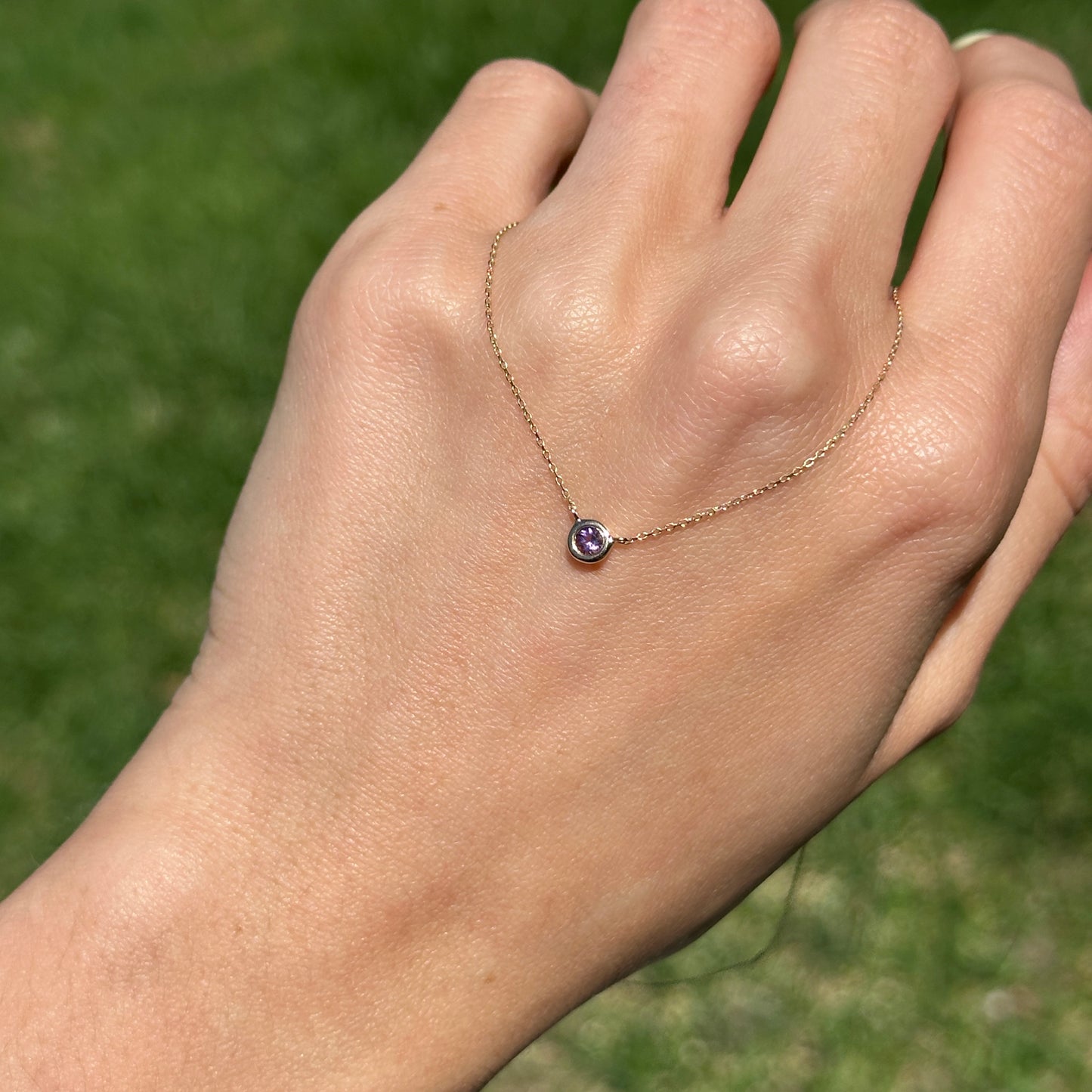 14KT Yellow Gold Bezel Purple Amethyst Station Necklace