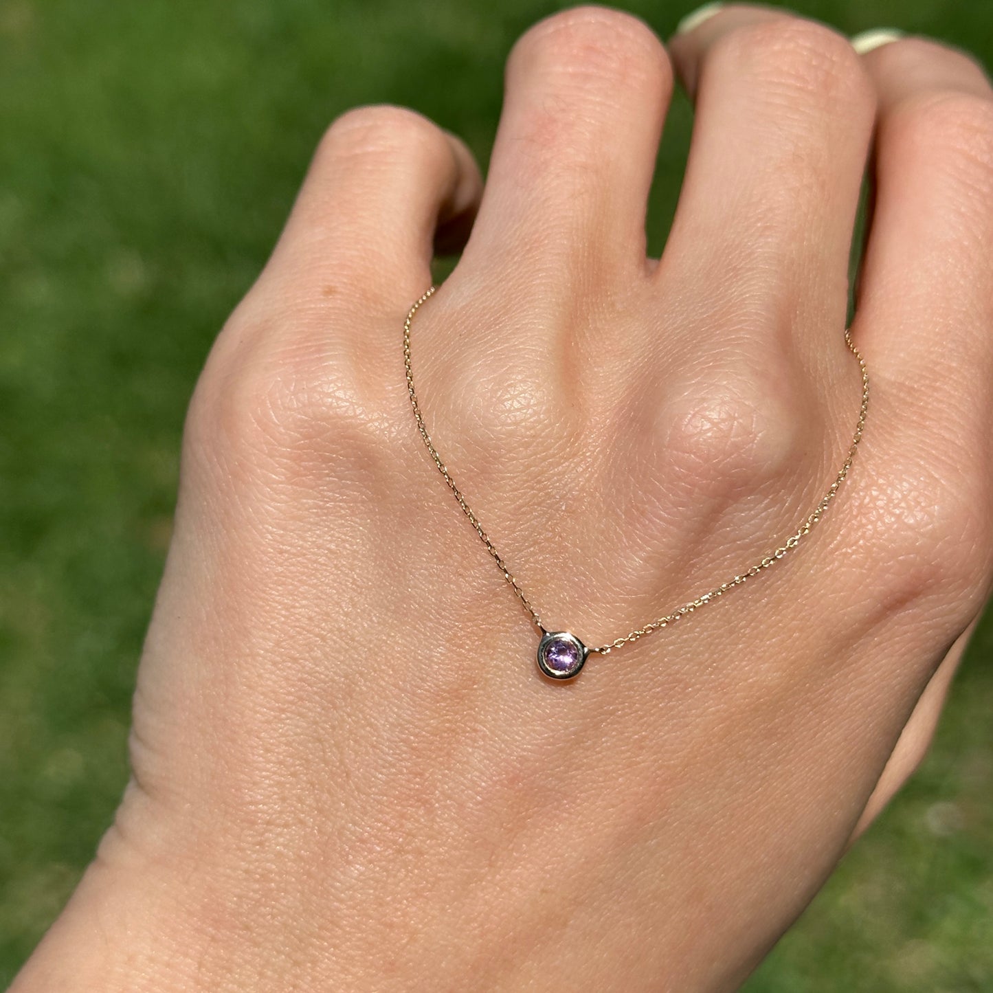 14KT Yellow Gold Bezel Purple Amethyst Station Necklace