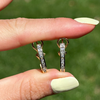 Estate 14KT Yellow Gold Round Diamond Channel-Set J Hoop Earrings