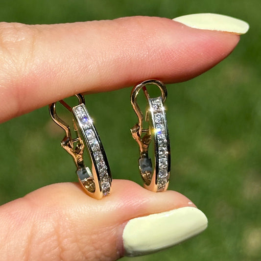 Estate 14KT Yellow Gold Round Diamond Channel-Set J Hoop Earrings - LSJ