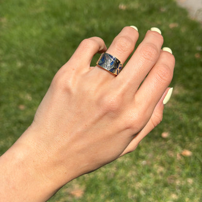 Estate 14KT Yellow Gold Blue Enamel Mosaic Band Ring