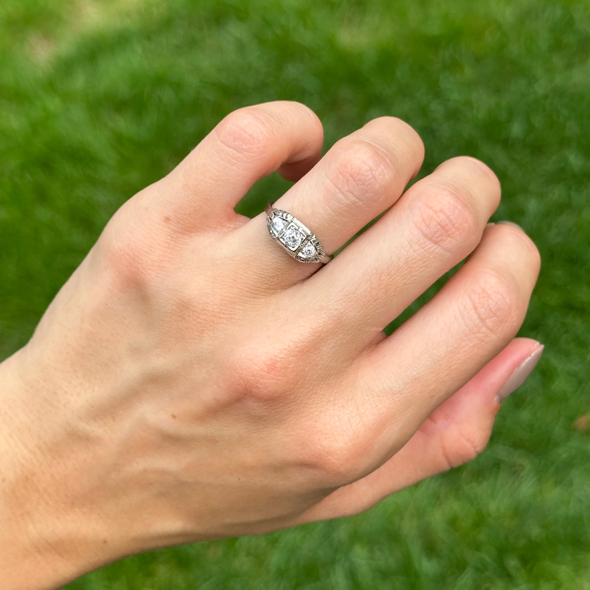 Estate 18KT White Gold Old Mine Diamond Filigree Ring