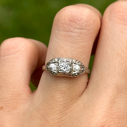 Estate 18KT White Gold Old Mine Diamond Filigree Ring