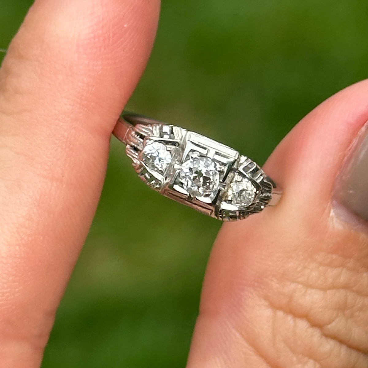 Estate 18KT White Gold Old Mine Diamond Filigree Ring
