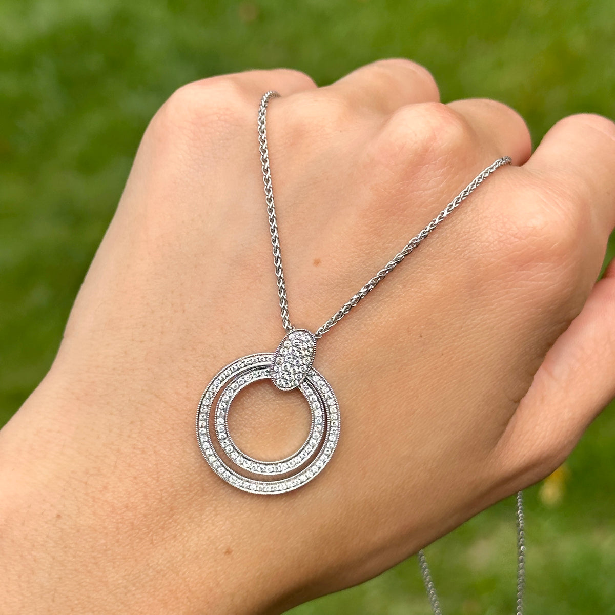 Estate 14KT White Gold Double Circle Diamond Necklace