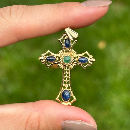 Estate 10KT/ 14KT Yellow Gold Etruscan Cabochon Gemstone Cross Pendant