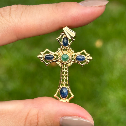 Estate 10KT/ 14KT Yellow Gold Etruscan Cabochon Gemstone Cross Pendant