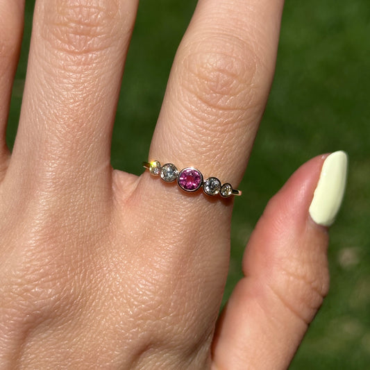 Estate 14KT Yellow Gold Bezel Pink Tourmaline + Diamond Ring