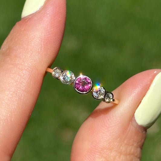Estate 14KT Yellow Gold Bezel Pink Tourmaline + Diamond Ring
