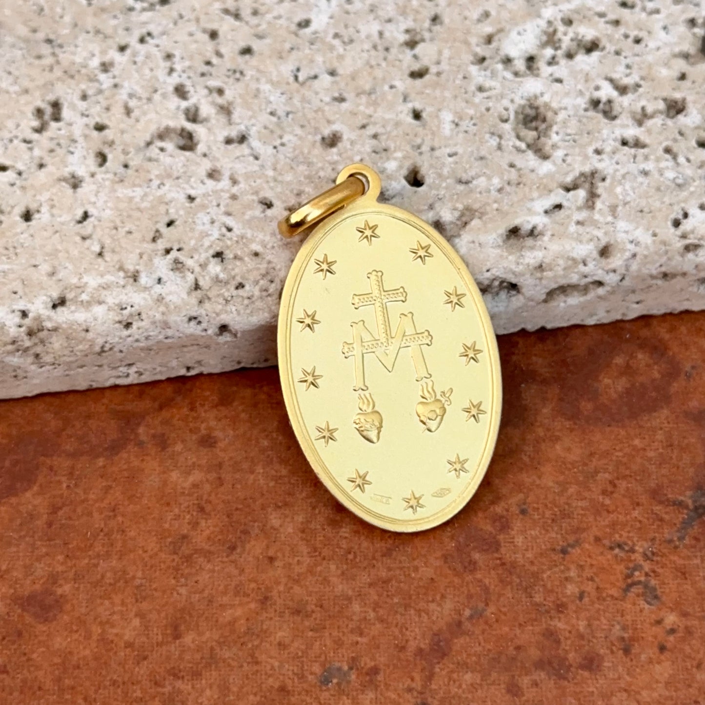 14KT Yellow Gold Matte Oval Miraculous Medal Pendant 27mm
