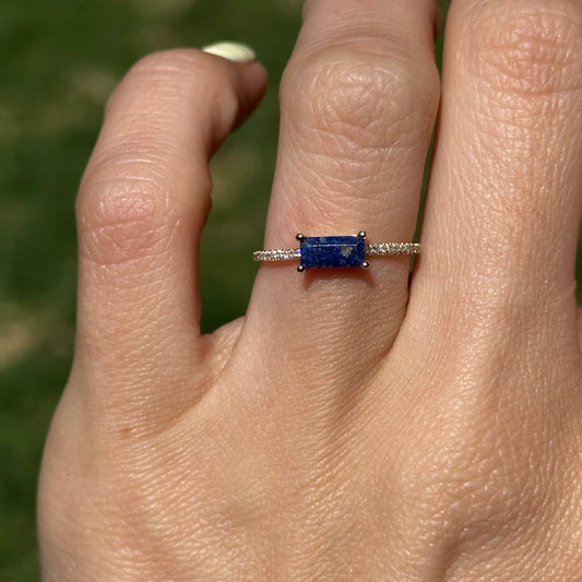 14KT Yellow Gold Rectangle Lapis + Diamond Band Ring