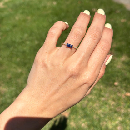 14KT Yellow Gold Rectangle Lapis + Diamond Band Ring