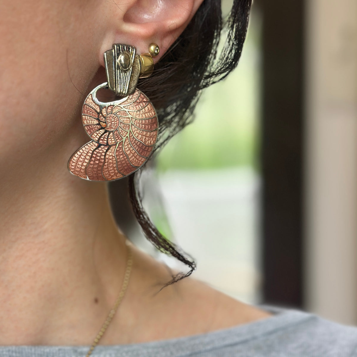 Estate Sterling Silver Conch Shell Pink Enamel Earring Charms