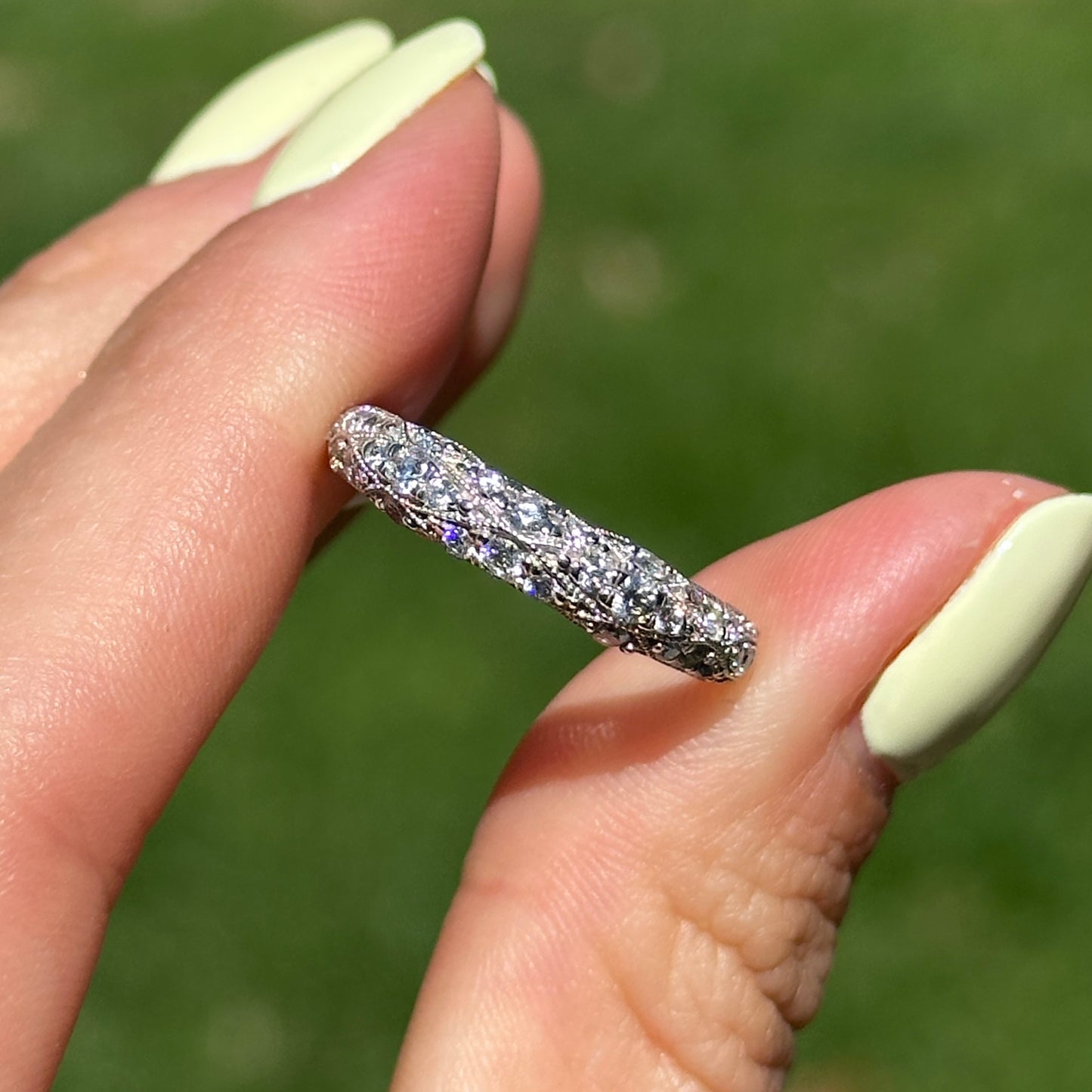 14KT White Gold Filigree Diamond Dome Ring
