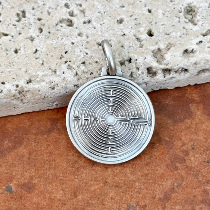 Sterling Silver Greek Labyrinth Round Medal Pendant Charm 21mm