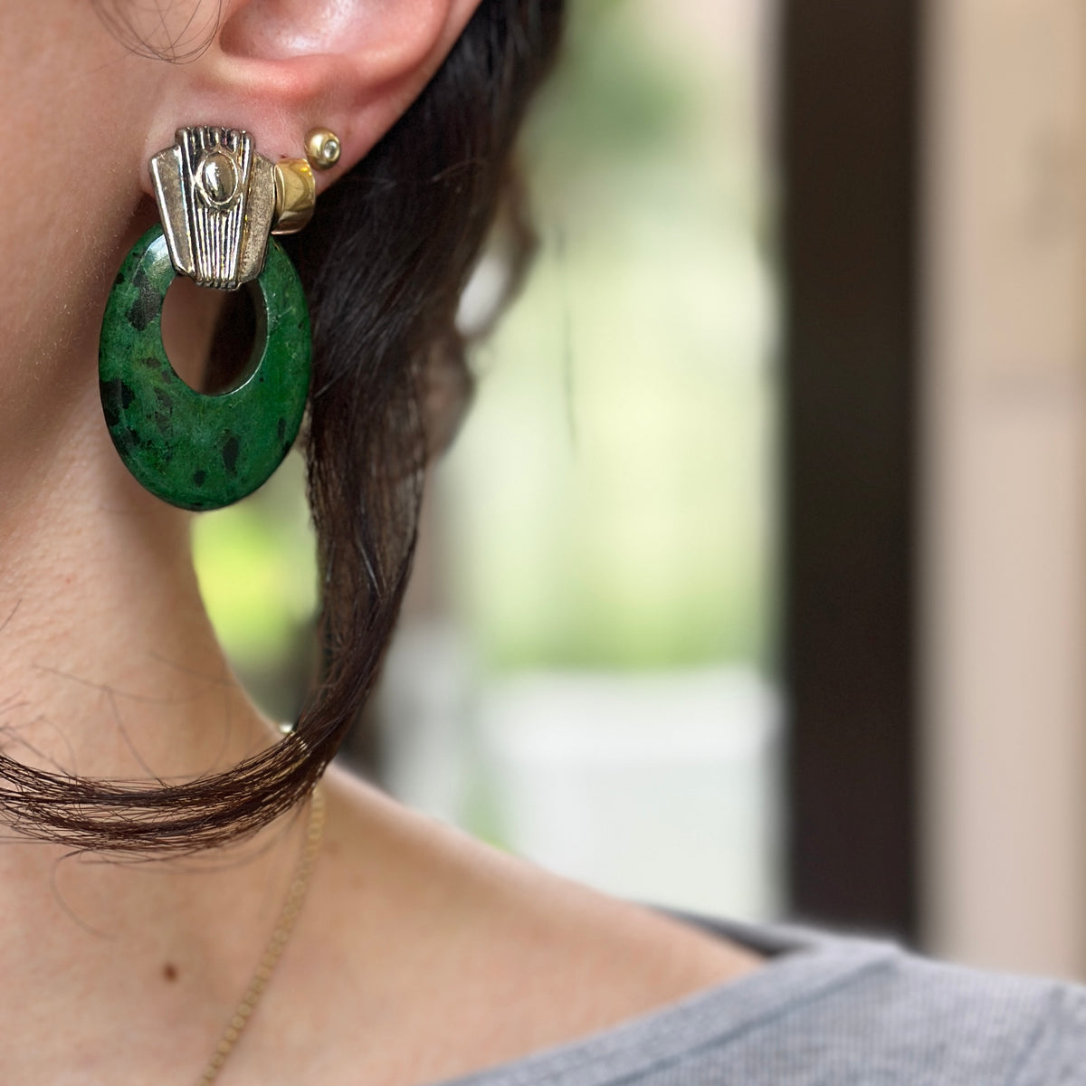 Estate Oval Green Gemstone Door Knocker Earring Charms - LSJ