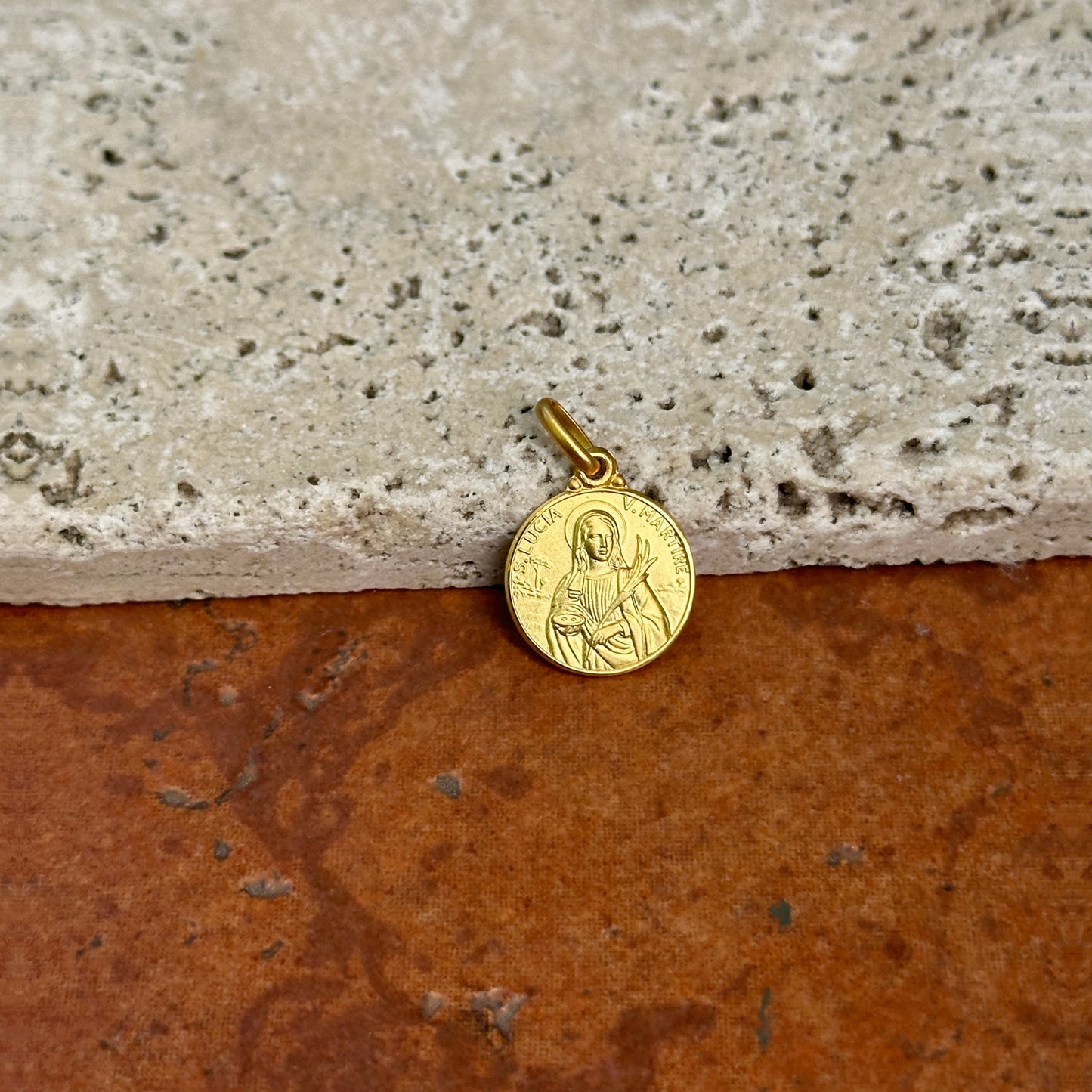 14KT Yellow Gold St Lucia Lucy Matte Medal Pendant Charm 12mm