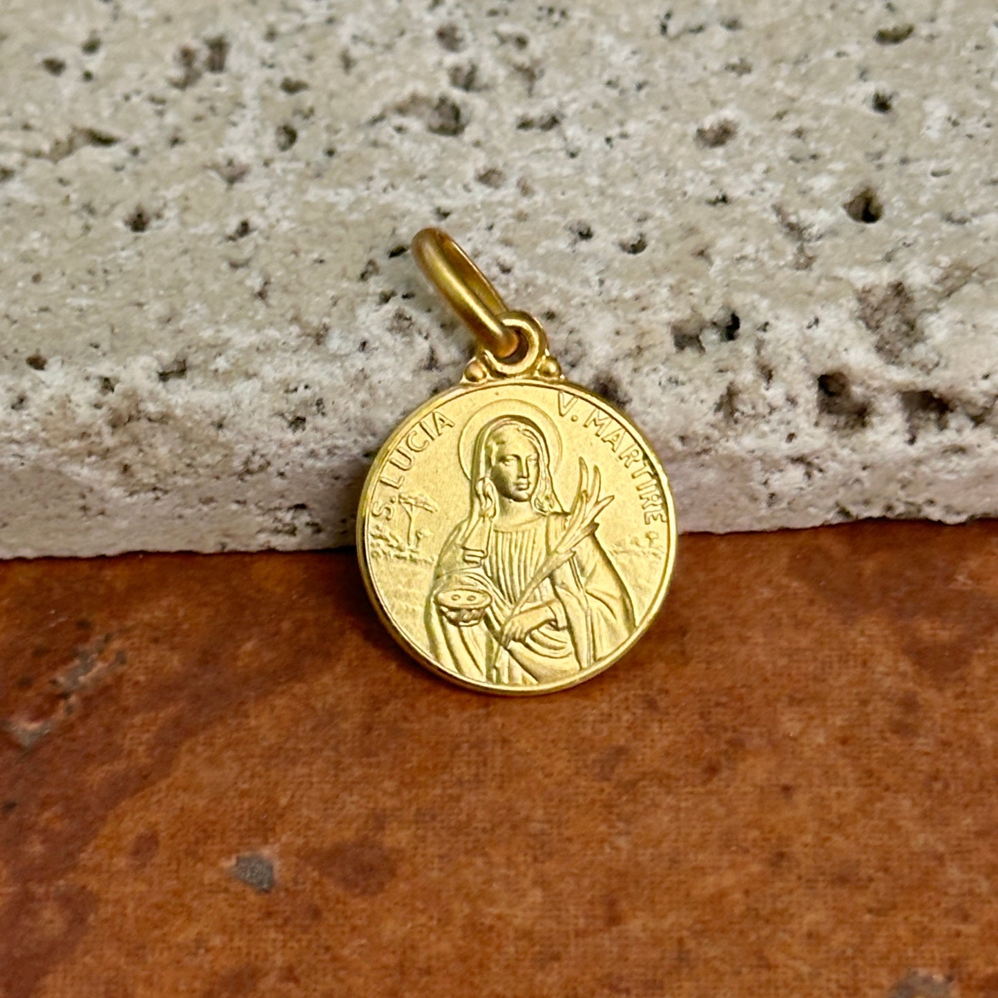 14KT Yellow Gold St Lucia Lucy Matte Medal Pendant Charm 12mm