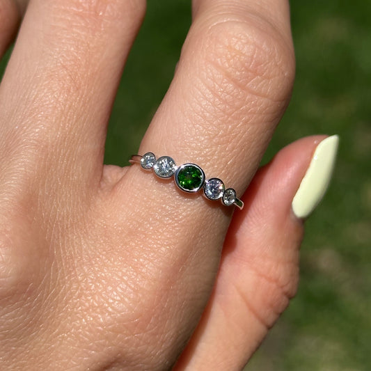14KT White Gold Bezel Chrome Diopside + Diamond Ring