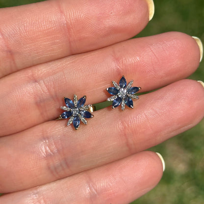 10KT Yellow Gold Marquise Sapphire + Diamond Starburst Earrings - LSJ