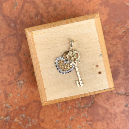 10KT Yellow Gold Filigree Heart + Key Pendant Charm