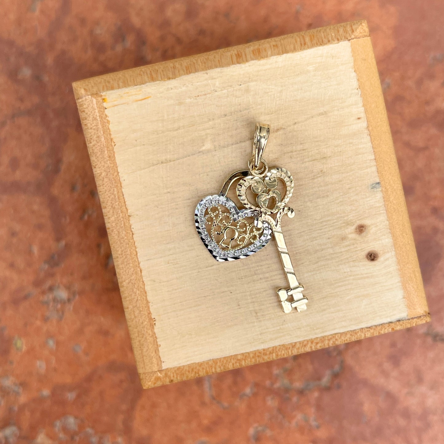 10KT Yellow Gold Filigree Heart + Key Pendant Charm