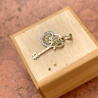 10KT Yellow Gold Filigree Heart + Key Pendant Charm