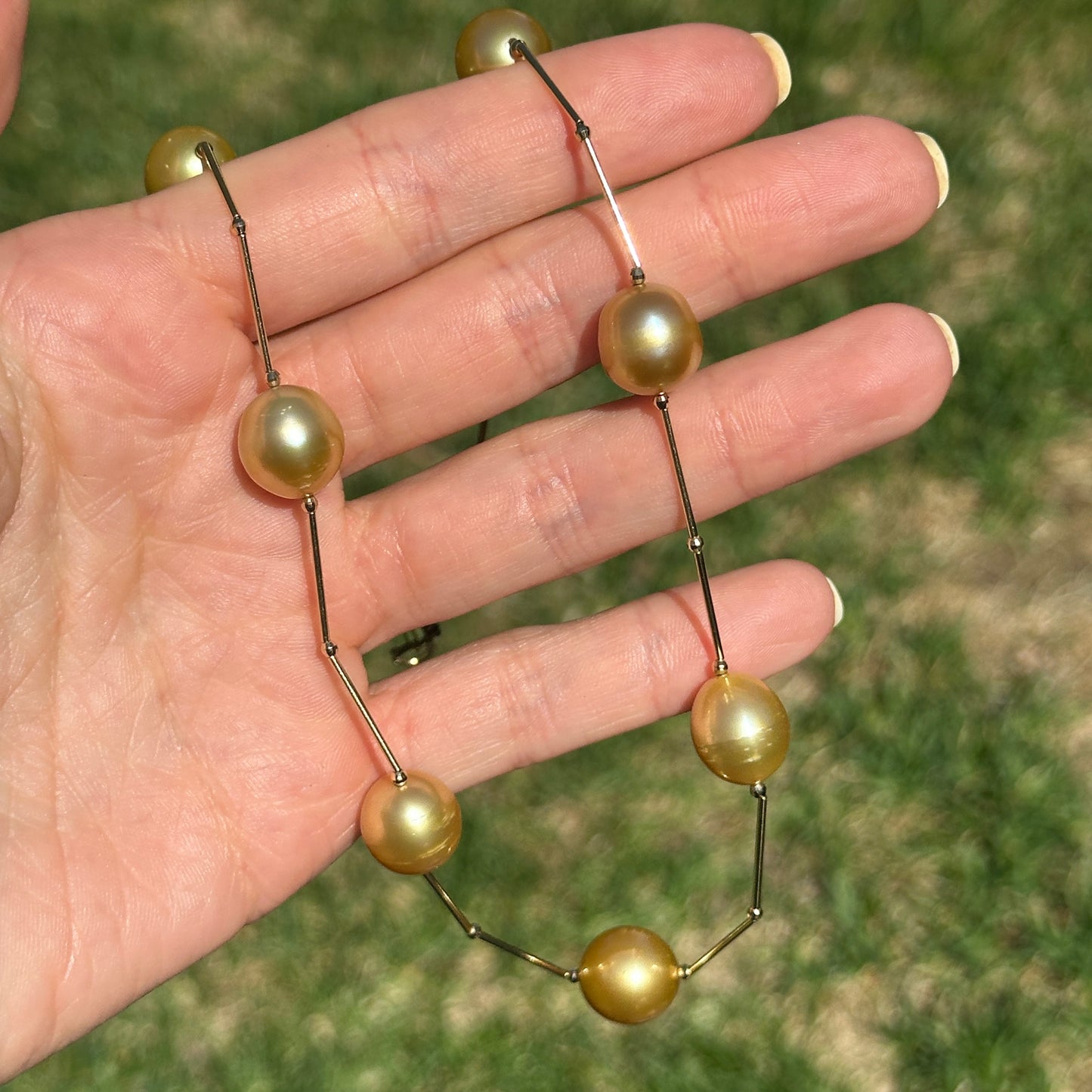 Estate 18KT Yellow Gold Golden Pearl Station Necklace - LSJ