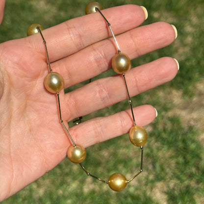 Estate 18KT Yellow Gold Golden Pearl Station Necklace - LSJ