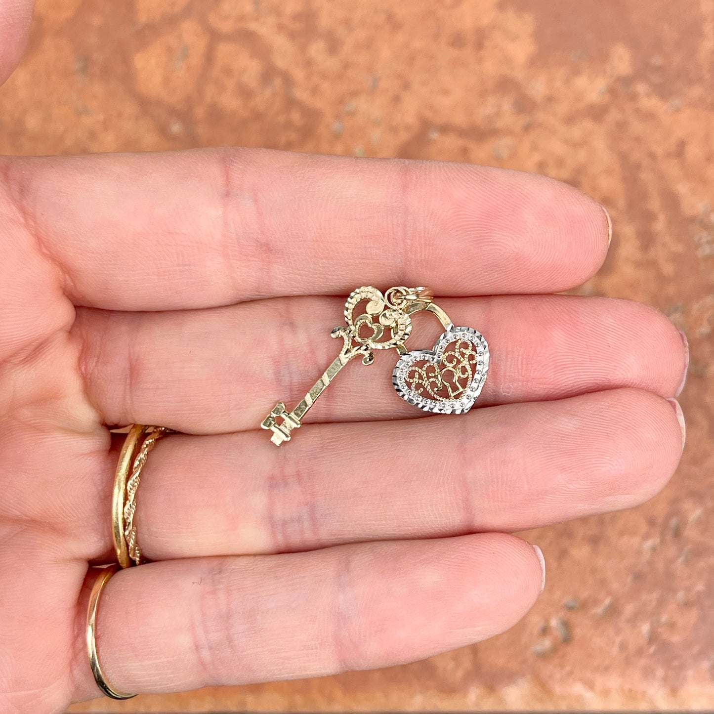 10KT Yellow Gold Filigree Heart + Key Pendant Charm