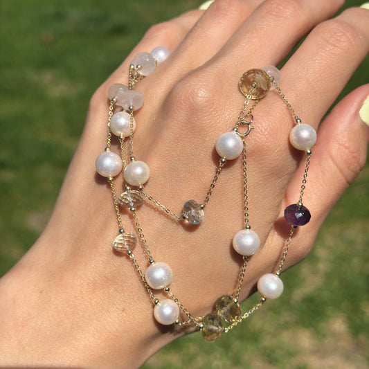 Estate 14KT Yellow Gold Pearl Bead + Checkerboard Rondelle Multi Gemstone Station Necklace