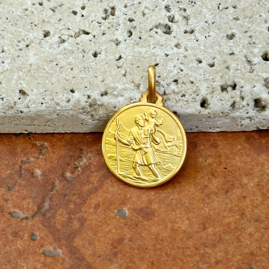 14KT Yellow Gold Matte St Christopher Round Medal Pendant 16mm