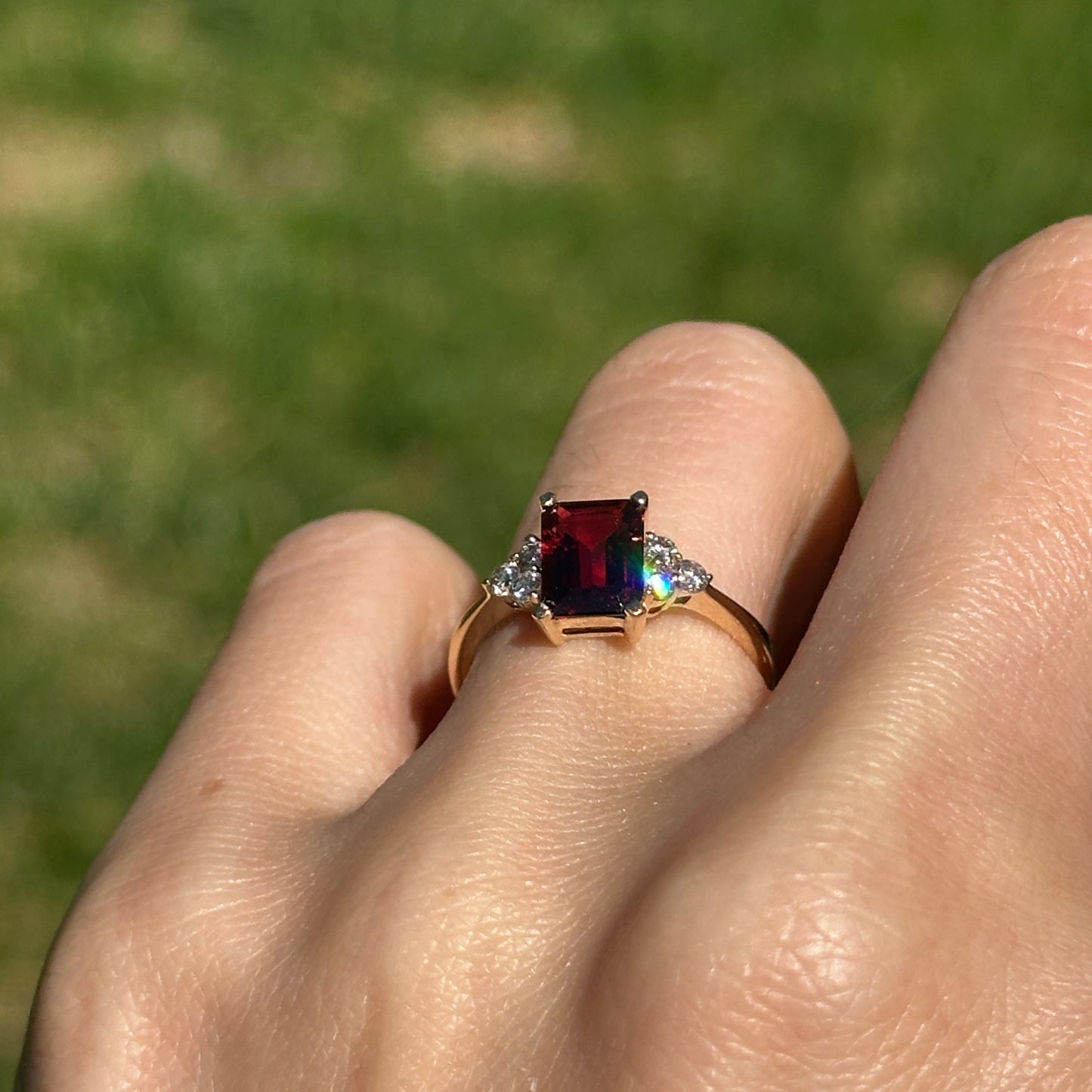 Estate 14KT Yellow Gold Emerald-Cut Garnet + Diamond Accent Ring - LSJ