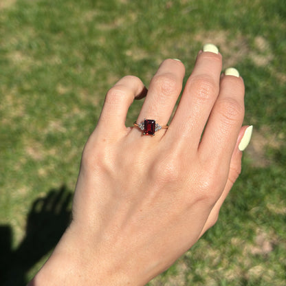 Estate 14KT Yellow Gold Emerald-Cut Garnet + Diamond Accent Ring - LSJ