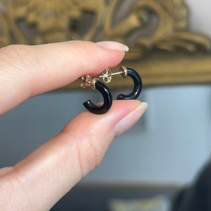 10KT Yellow Gold Black Onyx C-Shape Mini Hoop Earrings