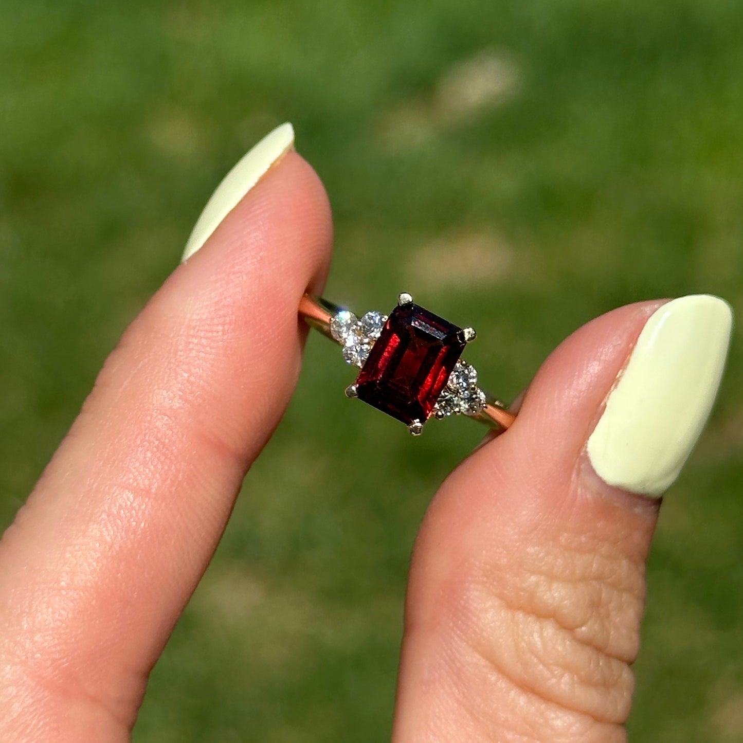 Estate 14KT Yellow Gold Emerald-Cut Garnet + Diamond Accent Ring - LSJ
