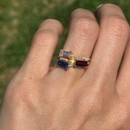 14KT Yellow Gold Rectangle Lapis + Diamond Band Ring