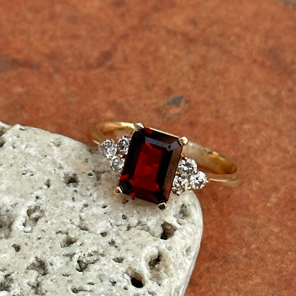 Estate 14KT Yellow Gold Emerald-Cut Garnet + Diamond Accent Ring - LSJ