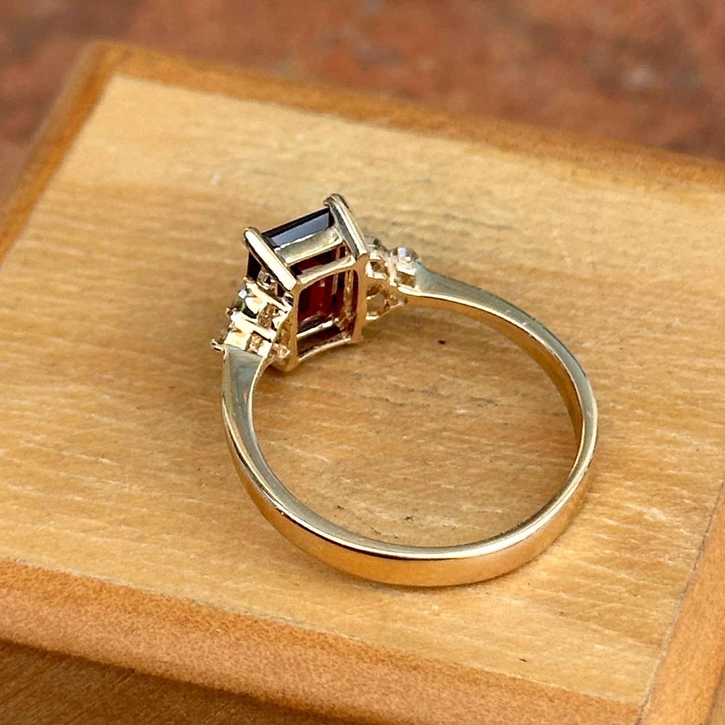 Estate 14KT Yellow Gold Emerald-Cut Garnet + Diamond Accent Ring - LSJ