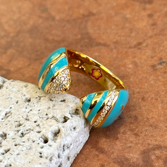 18K Yellow Gold-Plated Brass Round Cubic Zirconia Turquoise Blue Enamel Ring 7