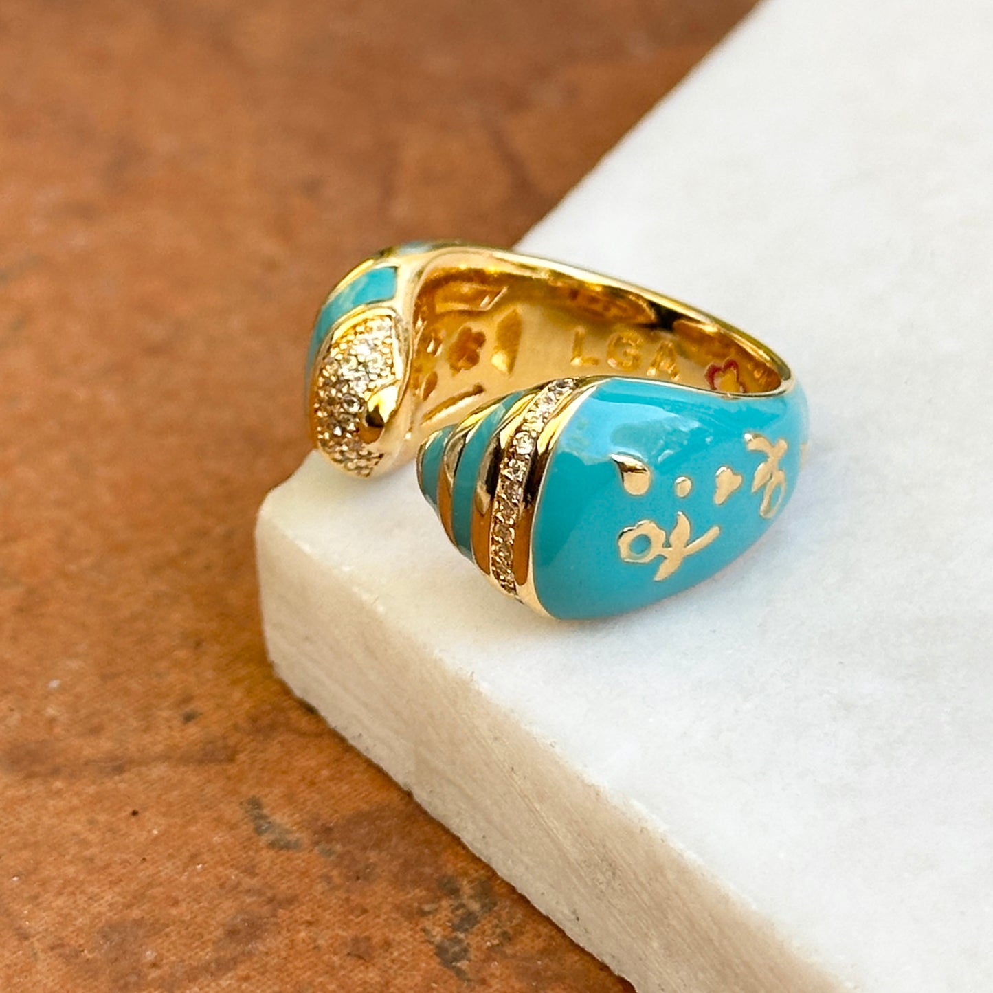18K Yellow Gold-Plated Brass Round Cubic Zirconia Turquoise Blue Enamel Ring 7