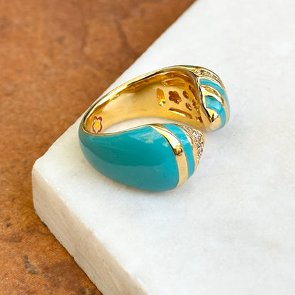 18K Yellow Gold-Plated Brass Round Cubic Zirconia Turquoise Blue Enamel Ring 7