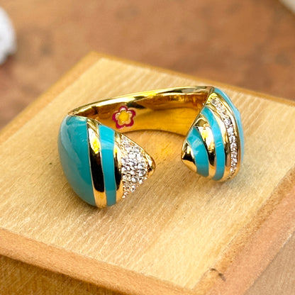 18K Yellow Gold-Plated Brass Round Cubic Zirconia Turquoise Blue Enamel Ring 7