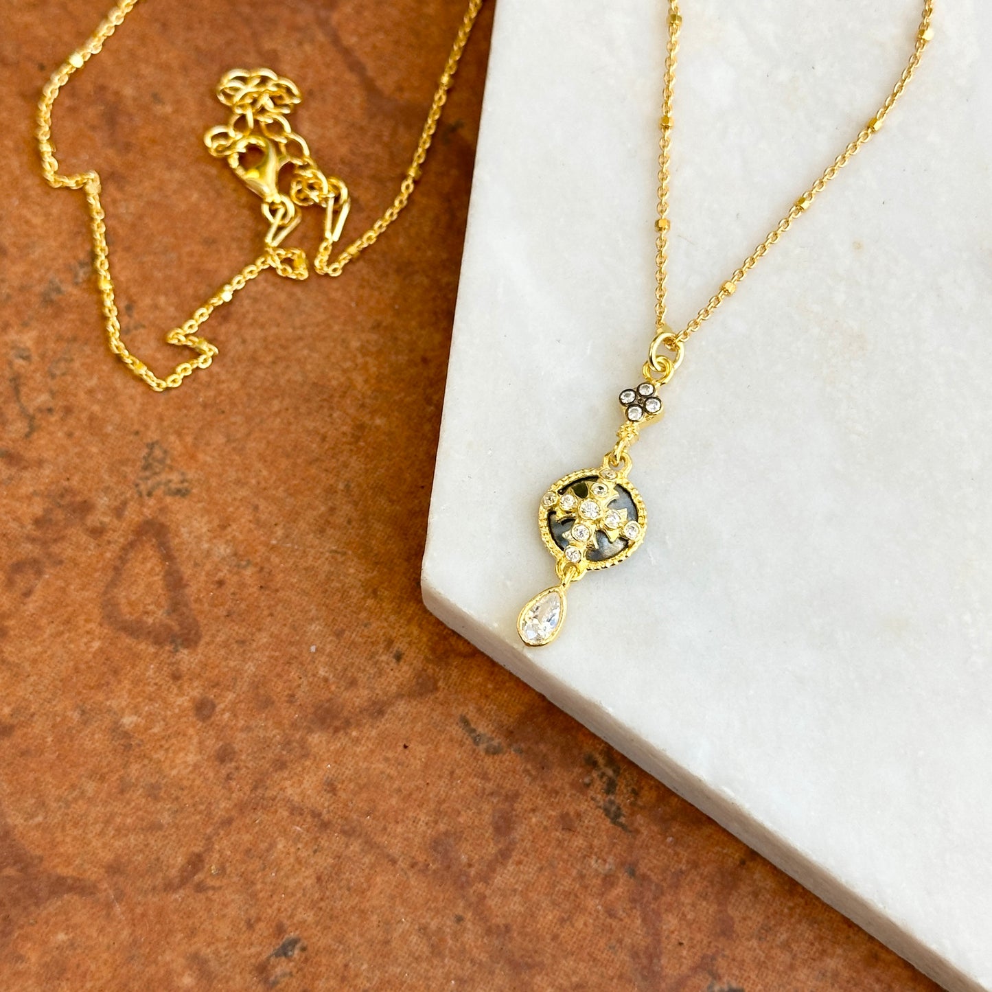 Sterling Silver Yellow Gold-Plated CZ Cross Beaded Chain Necklace