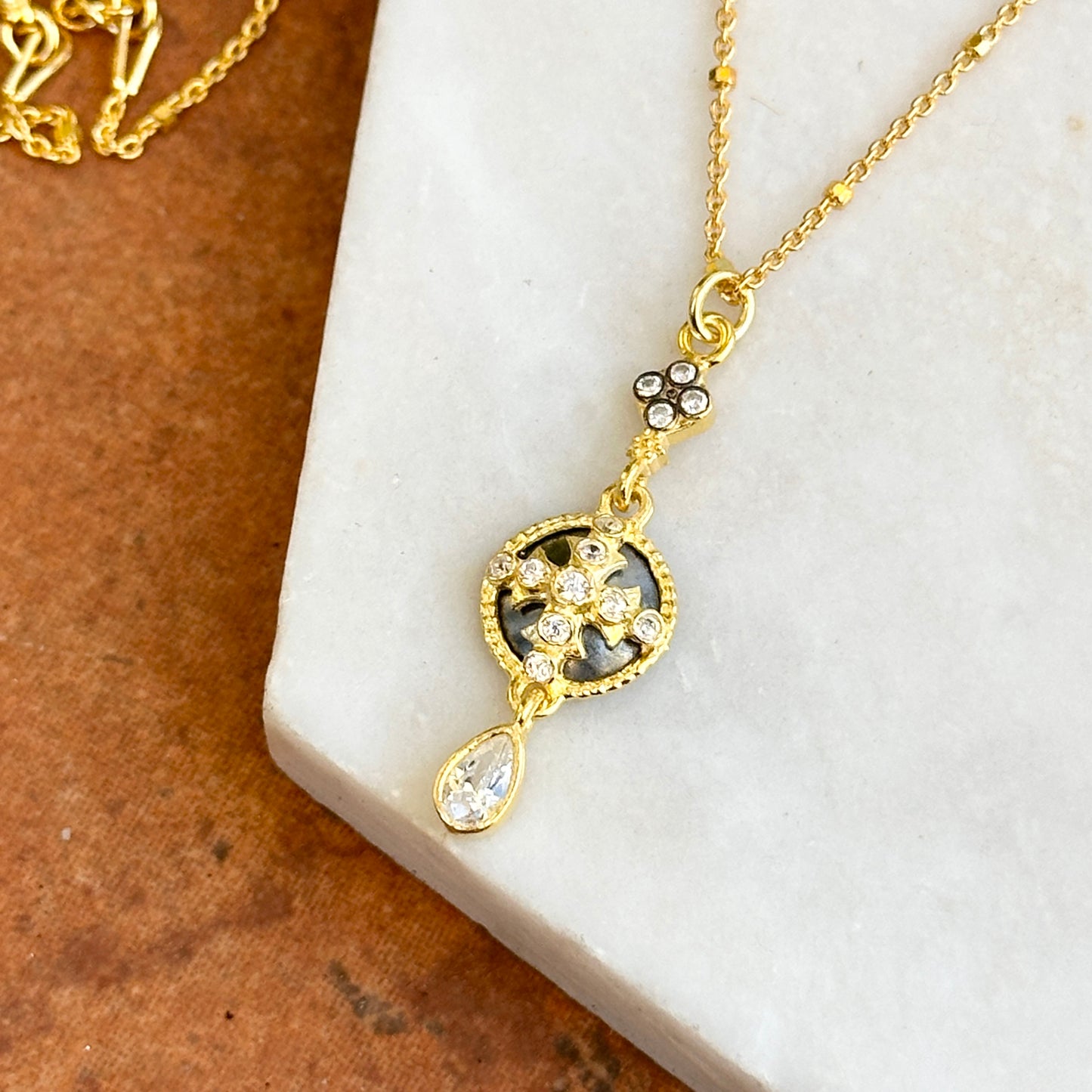 Sterling Silver Yellow Gold-Plated CZ Cross Beaded Chain Necklace